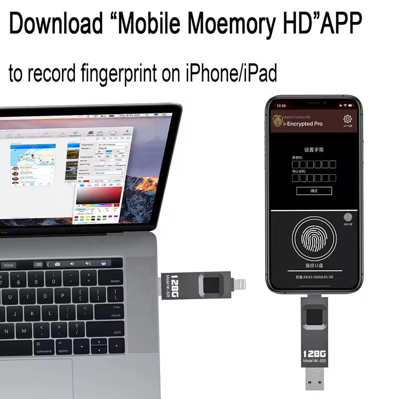 128GB Fingerprint Encrypted USB Drive | Biometric Security for iPhone & PC